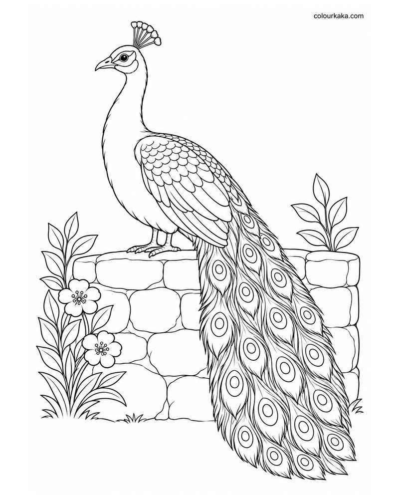 Peacock Sitting on a Garden Wall Colouring Page thumbnail