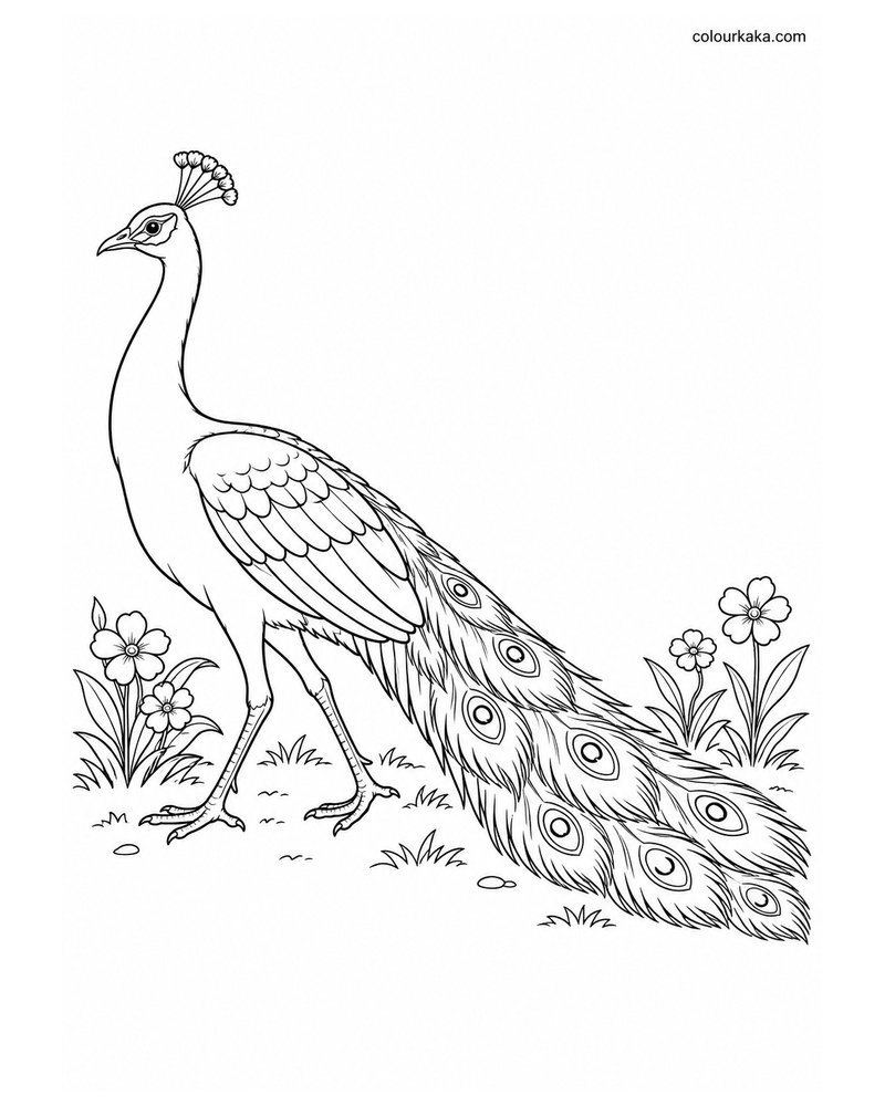 Peacock Walking in a Garden Colouring Page thumbnail