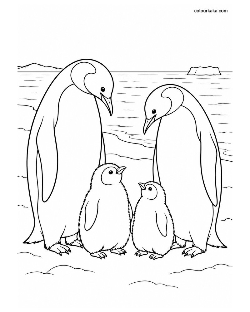 Penguin Family Near the Sea Colouring Page thumbnail