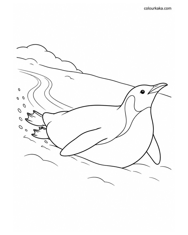 Penguin Sliding on the Snow Colouring Page thumbnail