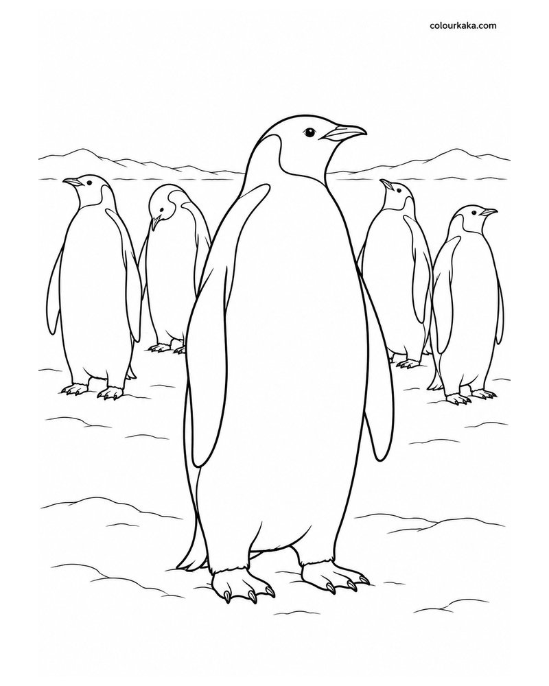 Penguin Standing with Its Colony Colouring Page thumbnail