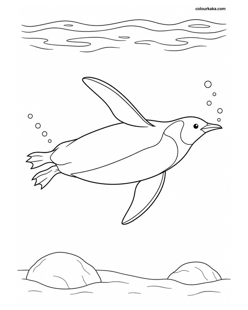 Penguin Swimming Underwater Colouring Page thumbnail