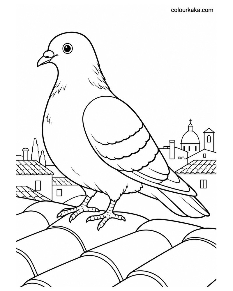 Pigeon Resting on a Rooftop Colouring Page thumbnail