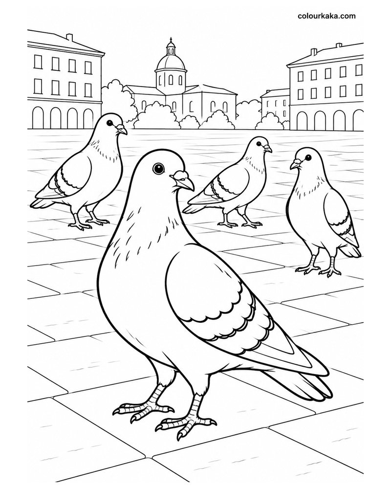 Pigeon with Other Pigeons in a City Square Colouring Page thumbnail