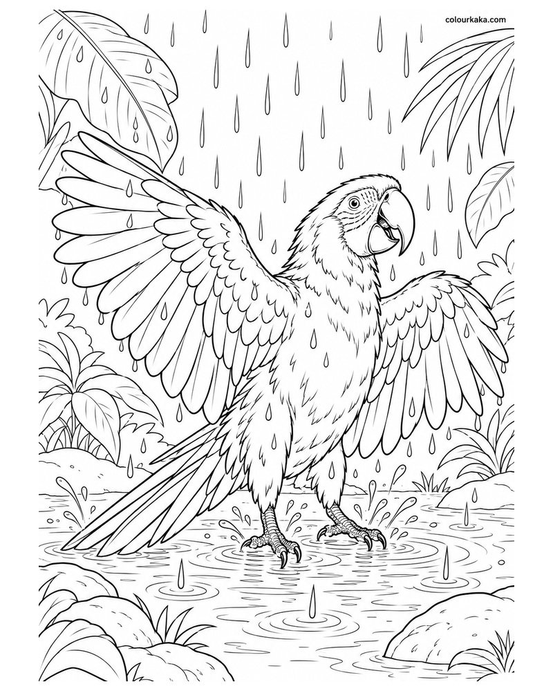 Scarlet Macaw Bathing in Tropical Rain Colouring Page thumbnail