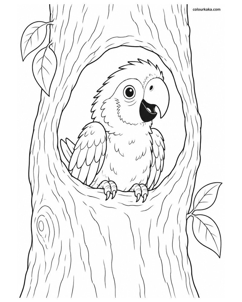 Scarlet Macaw Chick Peeking from a Tree-Hole Nest Colouring Page thumbnail