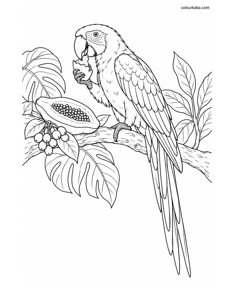 Scarlet Macaw Eating Tropical Fruit Colouring Page thumbnail