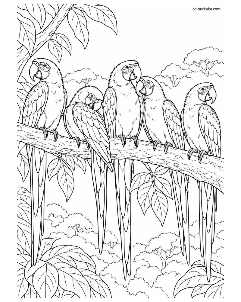 Scarlet Macaw Flock Resting in the Rainforest Canopy Colouring Page thumbnail