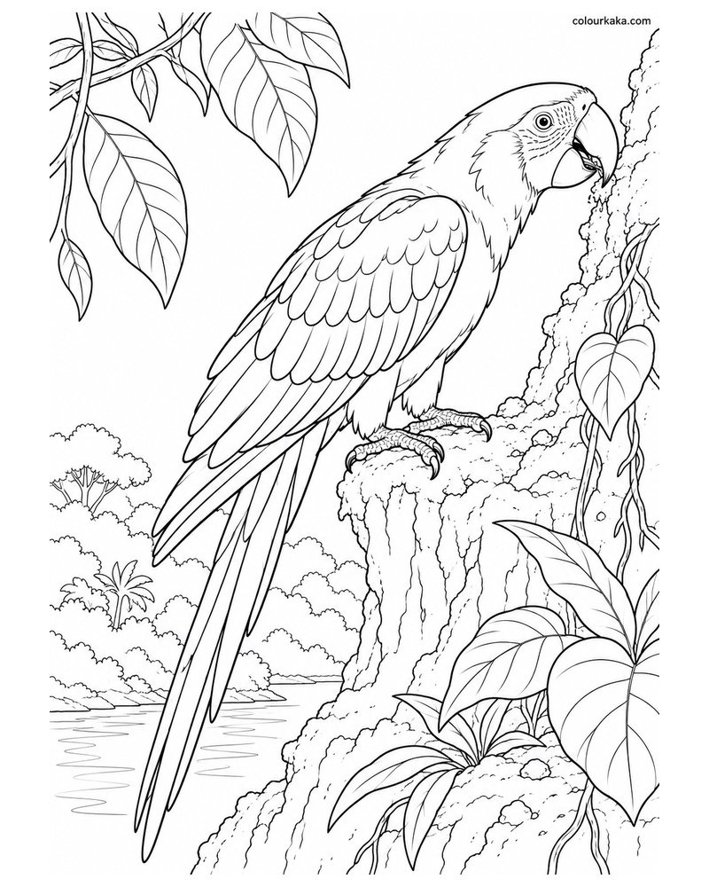 Scarlet Macaw Visiting a Clay Lick Colouring Page thumbnail