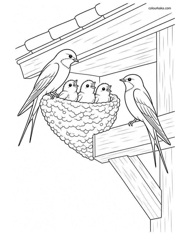 Swallow Family Under a Rooftop Colouring Page thumbnail