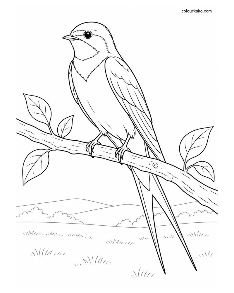 Swallow Perched on a Tree Branch Colouring Page thumbnail