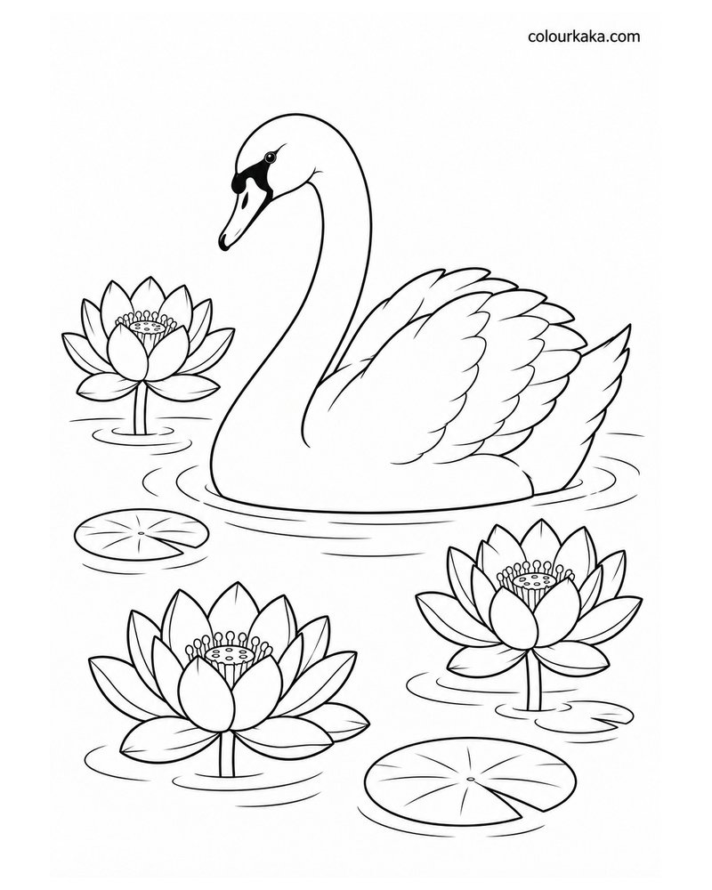 Swan Among Lotus Flowers Colouring thumbnail