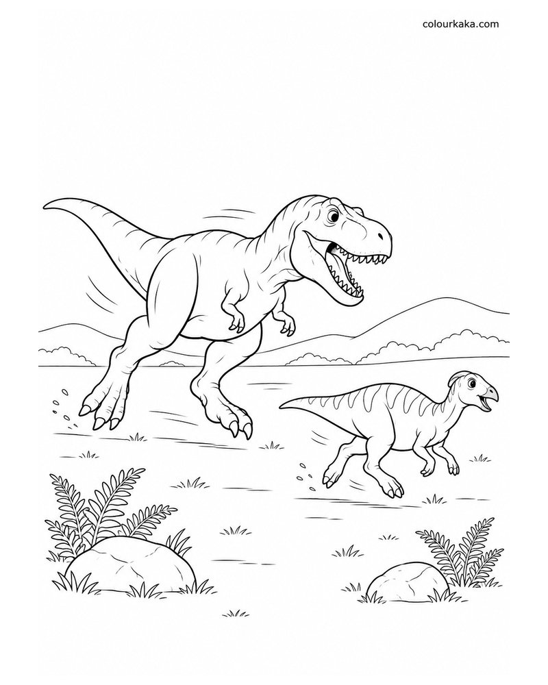 T-Rex Chasing Prehistoric Prey Colouring Page thumbnail