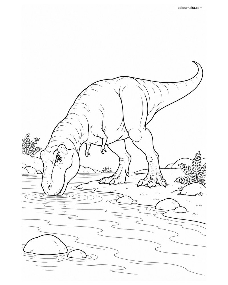 T-Rex Drinking Water by a River Colouring Page thumbnail