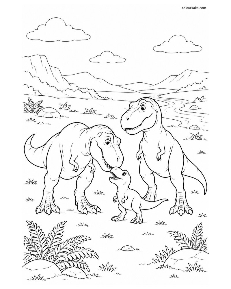 T-Rex Family in the Dinosaur Valley Colouring Page thumbnail