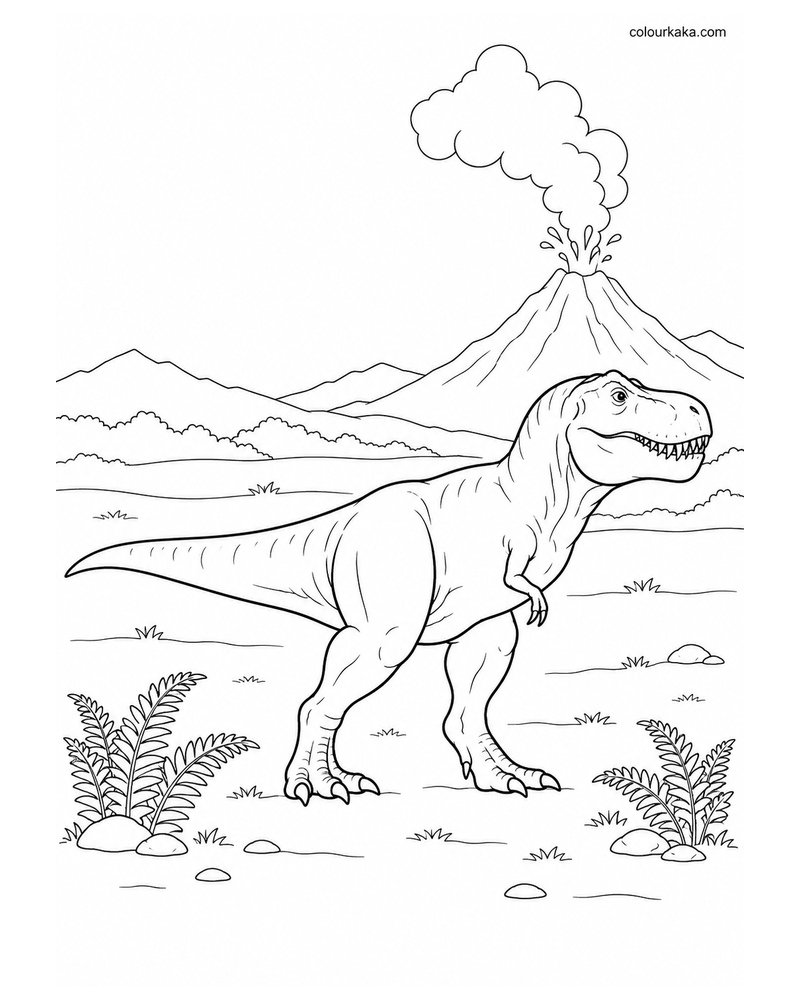 T-Rex Near a Volcano Colouring Page thumbnail