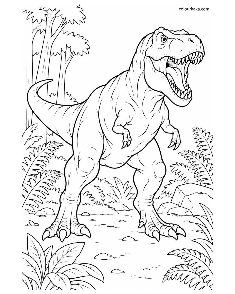 T-Rex Roaring in the Prehistoric Jungle Colouring Page thumbnail