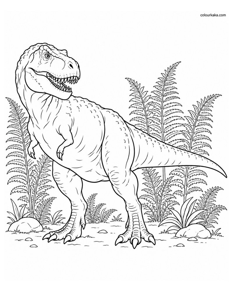 T-Rex Standing Among Tall Ferns Colouring Page thumbnail
