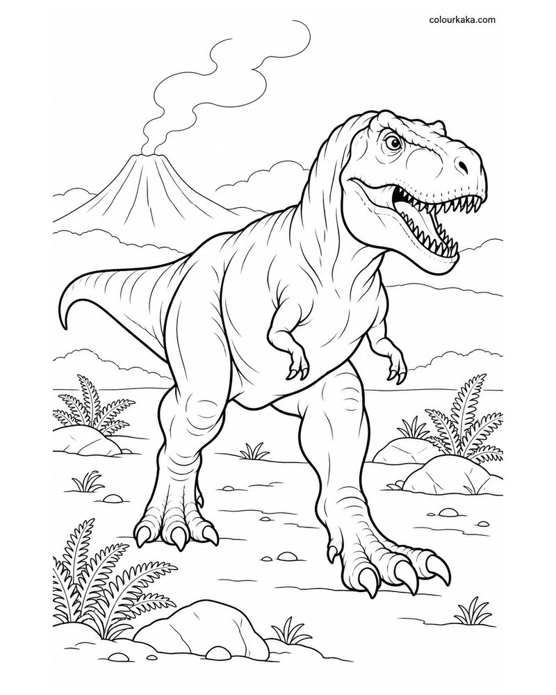 T-Rex Walking Through Volcano Land Colouring Page thumbnail