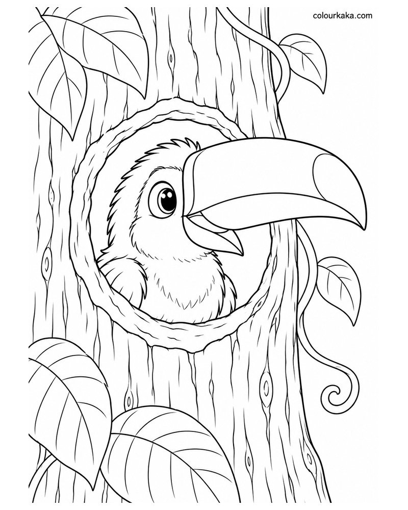 Toco Toucan Chick Peeking from a Tree-Hole Nest Colouring Page thumbnail
