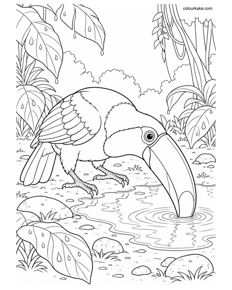 Toco Toucan Drinking Water After the Rain Colouring Page thumbnail