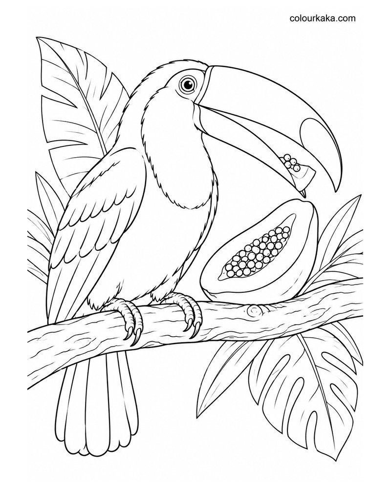 Toco Toucan Eating Tropical Fruit Colouring Page thumbnail
