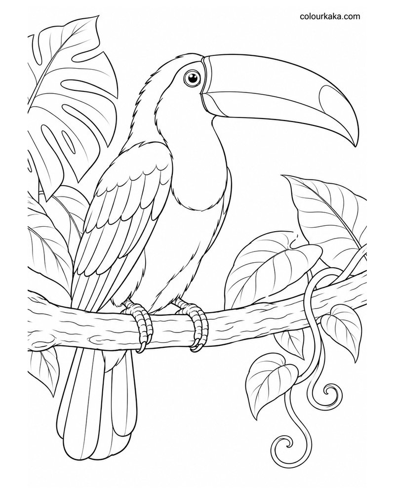 Toco Toucan Perched on a Rainforest Branch Colouring Page thumbnail