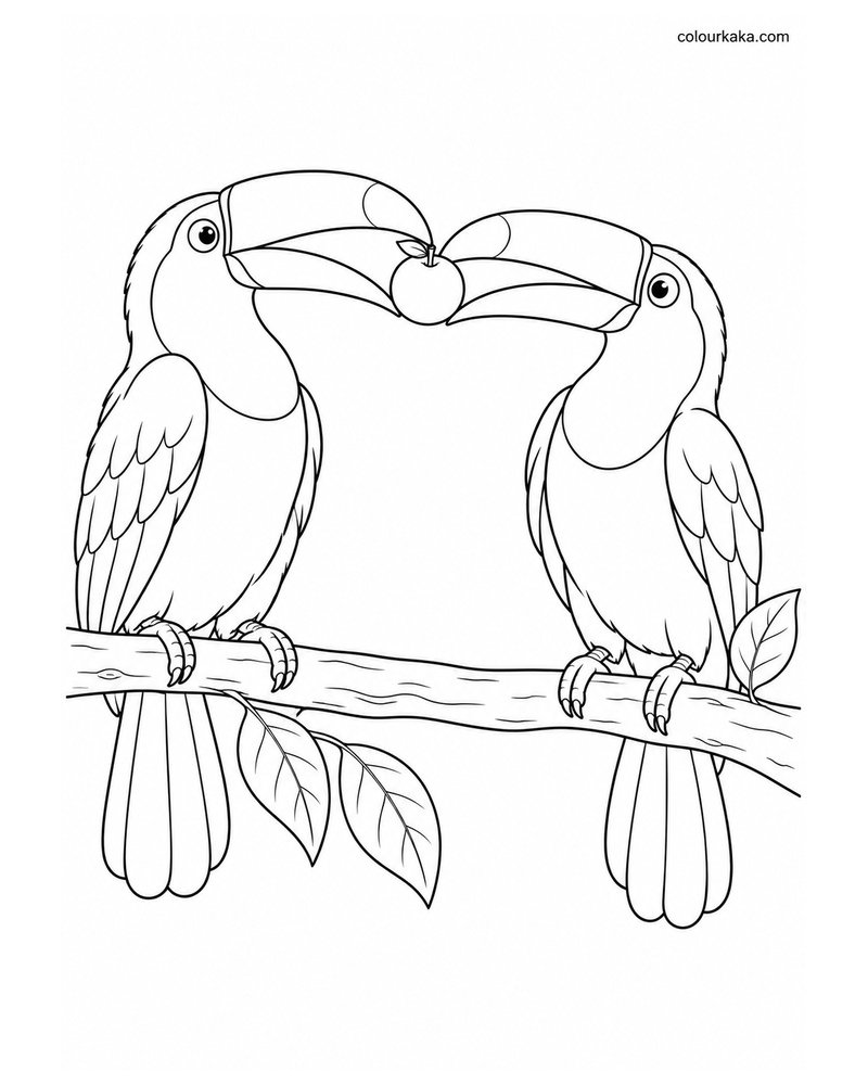 Toco Toucan Sharing Fruit with Another Toucan Colouring Page thumbnail