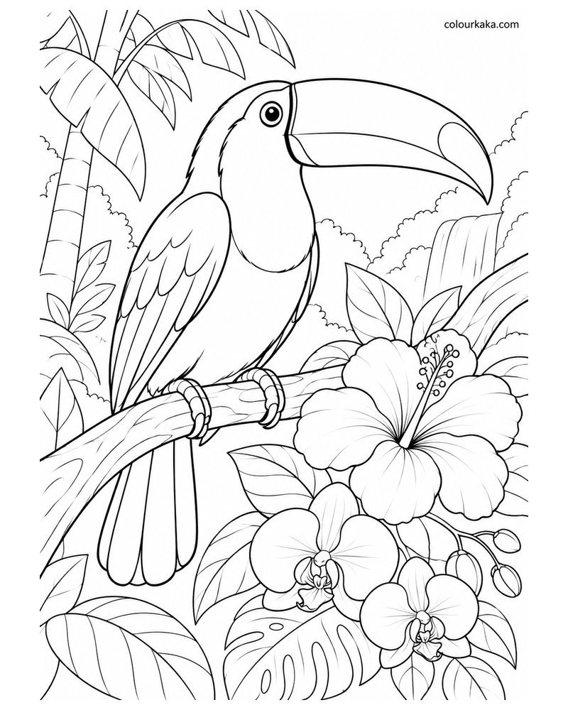 Toco Toucan Sitting Near Exotic Flowers Colouring Page thumbnail