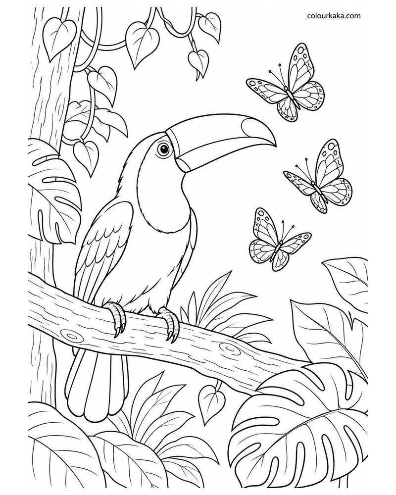 Toco Toucan Watching Butterflies in the Forest Colouring Page thumbnail