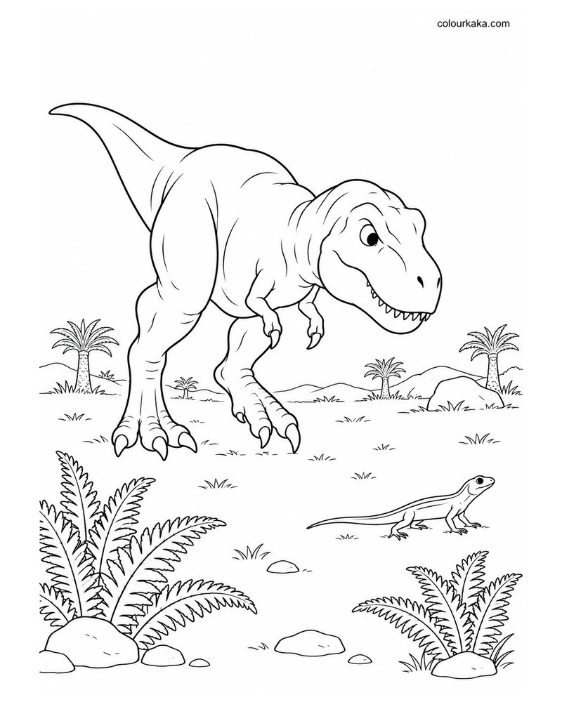 Young T-Rex Learning to Hunt Colouring Page thumbnail